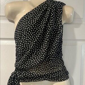 Zara Black and White Polka Dot One-Shoulder silk Top Sz L